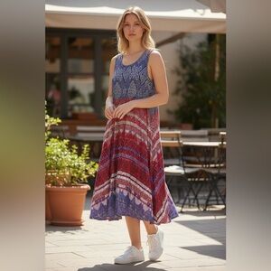 BeachLunchLounge Boho Midi Dress Tribal Red Blue Print Flowy Summer Dress Resort